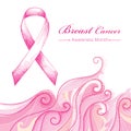 Vector illustration with pink ribbon and dotted pink swirls on white background. Breast Cancer Awareness Month symbol.