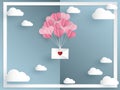 Pink tone balloons in a heart shape hang envelope floating and white frame on blue sky and white cloud background Royalty Free Stock Photo