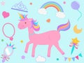 Vector illustration of Pink Unicorn cartoon with cute pastel elements, princess crown rainbow necklace mirror balloon magic wand Royalty Free Stock Photo