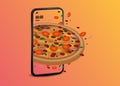 Vector illustration of pizza mobile online delivery service. mobile for order, pizza icon for transportation. online fast food.