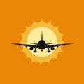 Vector illustration of a plane to takeoff or landing at sunset