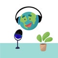 Vector illustration of planet Earth in headphones and microphone Royalty Free Stock Photo