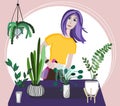 Vector illustration with plant lover. Cute girl water house plants.