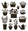 Vector illustration of plants in pots and beds with watering cans silhouettes . Flat trendy hand drawn set of houseplants for home Royalty Free Stock Photo