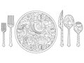 Vector illustration of plate, knife, spoon and fork. Cutlery set. Royalty Free Stock Photo