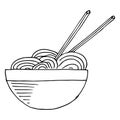 Vector illustration of a plate with soup, with Chinese noodles. Plate with chopsticks. Bowl for soup. Plate with noodles. Hand dra