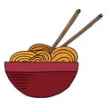 Vector illustration of a plate with soup, with Chinese noodles. Plate with chopsticks. Bowl for soup. Plate with noodles. Hand dra