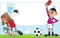 Vector illustration with players and referee on the football field, on the background of the stadium. Illustration done in cartoon Royalty Free Stock Photo