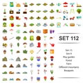 Vector illustration of playground, forest, farm, different mountains bouquets icon set. Royalty Free Stock Photo