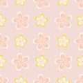 Vector illustration of plumeria tropical flowers seamless repeat pattern on a light pink background.