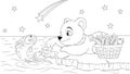 Vector illustration, a polar bear cub catches a fish on an ice floe at night Royalty Free Stock Photo