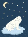 Vector illustration polar bear with little bear sitting on the drifting ice-floe under moon and stars. Mother and child tender