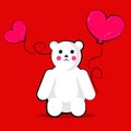 Vector illustration of a polar bear with two pink balloons in the shape of hearts on a red background