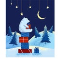 Vector illustration of polar new year bear. Polar bear on Christmas gifts against the background of the starry blue sky. New Year