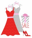 Vector illustration of a polka-dot dress on a hanger, shoes and gift wrapping.