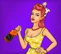 Vector illustration pop art girl with a bottle in hand Royalty Free Stock Photo