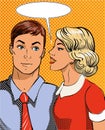 Vector illustration in pop art style. Woman telling secret to man. Retro comic. Gossip and rumors talks