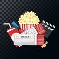 Vector illustration. Popcorn and drink. Film strip border. Cinema movie night icon in flat design style. Bright background. Royalty Free Stock Photo