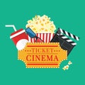 Vector illustration. Popcorn and drink. Film strip border. Cinema movie night icon in flat design style. Bright background. Royalty Free Stock Photo