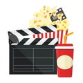 Vector illustration. Popcorn and drink. Film strip border. Cinema movie night icon in flat design style. Bright background. Royalty Free Stock Photo