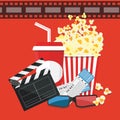 Vector illustration. Popcorn and drink. Film strip border. Cinema movie night icon in flat design style. Bright background. Royalty Free Stock Photo