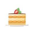 Vector illustration of a portion of tiramisu on a saucer decorated with strawberries and mint