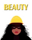 Vector illustration of a portrait of a curly young female with a worker yellow helmet on head