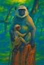 Mother and baby langur, black-faced monkey in the forest Royalty Free Stock Photo