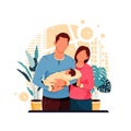 Vector illustration of a portrait of a parent`s character carrying their baby, flat design concept