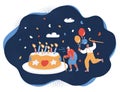 Vector illustration of Portrait of senior couple with big cake. Celebratinon of birthday. Elderly people party over dark
