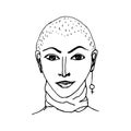 Vector illustration with a portrait of a young feminist woman. Line drawing of a girl bald in face with a sign of feminism earring