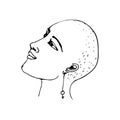 Vector illustration with a portrait of a young feminist woman. Line drawing of a girl bald in profile with a sign of feminism