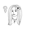 Vector illustration with a portrait of a young feminist woman. Line drawing of a ong hair girl with a flower and pendant sign of