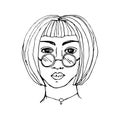 Vector illustration with a portrait of a young feminist woman. Line drawing of a short-haired girl in round glasses with a pendant