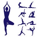 Vector illustration poses of yoga Set of female silhouettes doing yoga asanas. Royalty Free Stock Photo