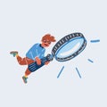 Vector illustration of Positive curious schoolboy looking through magnifier lens and fly