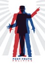 Vector illustration of Post-truth politics. Two male silhouettes in suits, who constitute the other silhouettes.