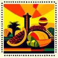 Vector illustration of a postage stamp with the image of a summer landscape Generative AI