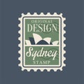 Postal stamp with Sydney opera house silhouette. Abstract symbol with famous and distinctive building of Australia