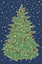 Vector illustration postcard design Christmas tree with Christmas decorations on blue background Royalty Free Stock Photo
