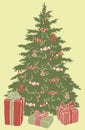Vector illustration postcard design Christmas tree with Christmas decorations and gift boxes on green background