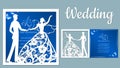 Vector illustration Postcard. Invitation and greeting card with With the groom and the bride. Pattern for the laser cut, boy and Royalty Free Stock Photo