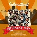 Orange theme Vector, A poster International Workers Day with workers in the middle.