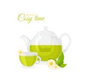 Vector illustration of pot and cup of herbal tea isolated on white background. Tea concept, herbal tea with chamomile Royalty Free Stock Photo