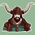 Vector illustration of a powerful viking with helmet and armour. Portrait drawing of a nordic man wearing fur and metal.