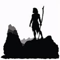 Black silhouette, tattoo of a prehistoric man with a stick on a stone. on white isolated background. Vector Royalty Free Stock Photo