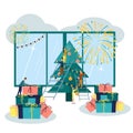 Vector illustration, preparing for the new year in the city, festive decoration of the atmosphere and fireworks, the main tree