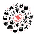 Vector japanese food and sushi colored icons in circle design concept. Illustration for presentations on white