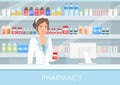 Vector illustration of pretty female pharmacist in interior pharmacy or drugstore with pills and drugs, bottles with Royalty Free Stock Photo