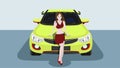 Vector or Illustration of Pretty girl standing front of sport yellow car.